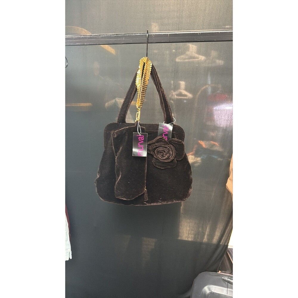 New Murval Chocolate Brown Velvet Rosette Handbag with Gold Chain Detail